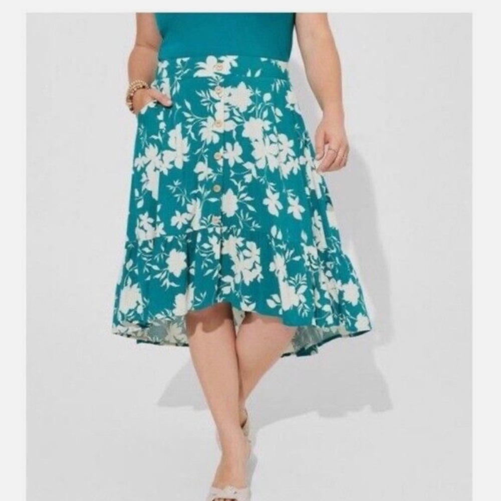 Torrid Lenny Floral Topical Hi Low Tiered A-Line‎ Midi Skirt Boho